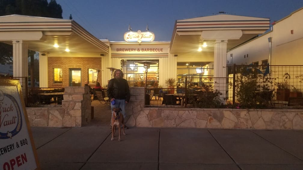 Al and Ramsey in front of Brick Vault Brewery and BBQ