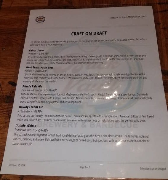 Brick Vault Brewery and BBQ craft beer menu