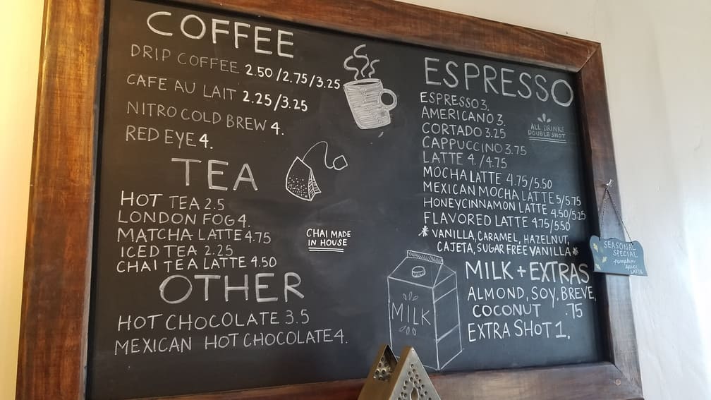 V6 Coffee Bar coffee menu